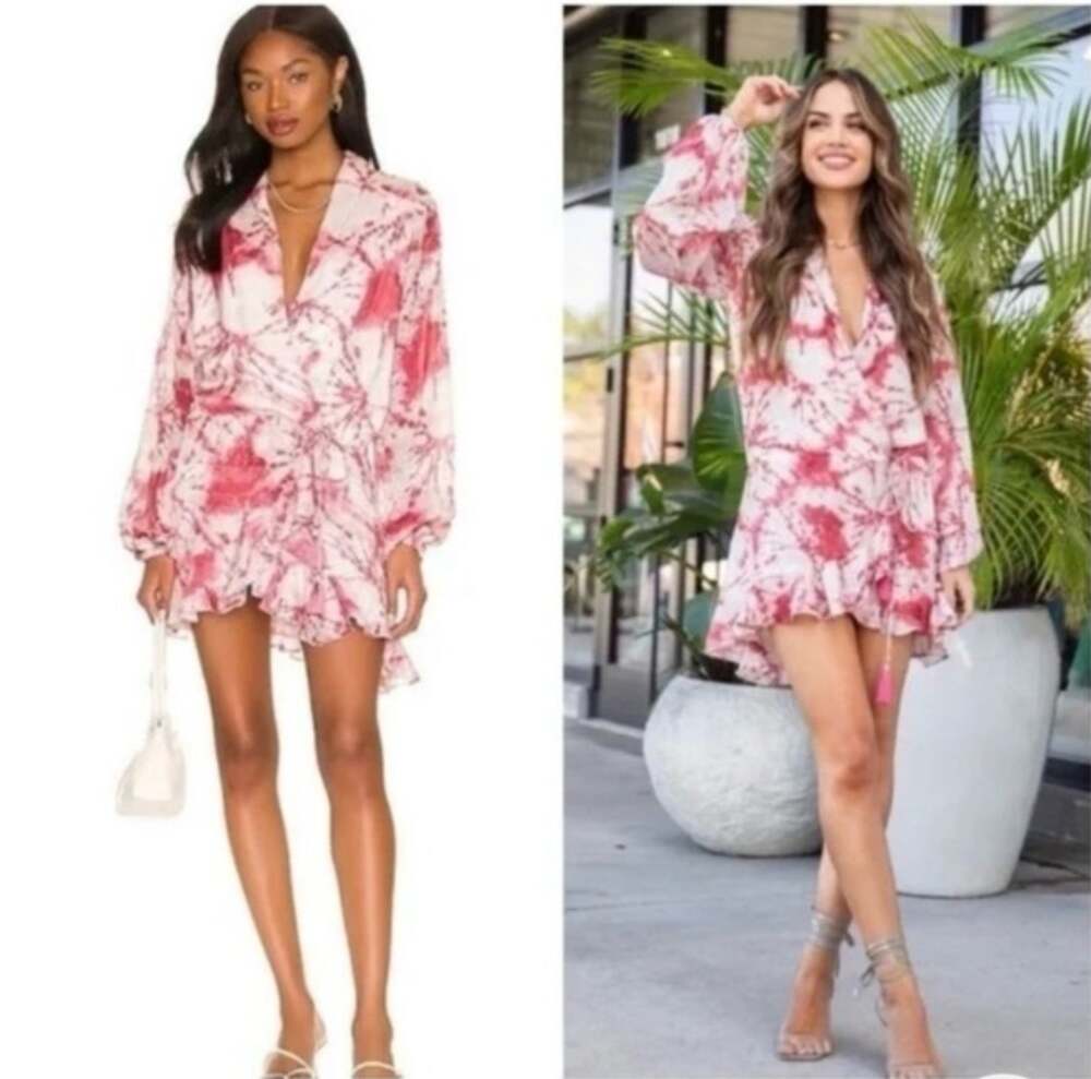 Rococo Sand Womens Ava Rosewood Tie Dye Print Faux Wrap Ruffle Mini Dress Size S